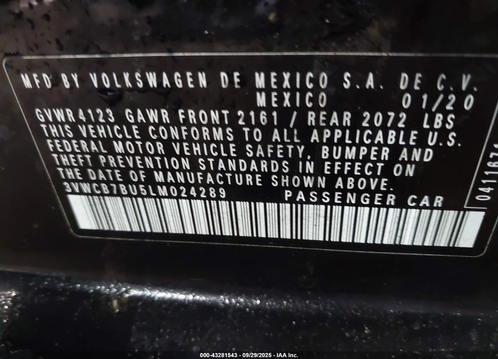 2020 VOLKSWAGEN JETTA 1.4T R-LINE/1.4T S/1.4T SE VIN: 3VWCB7BU5LM024289