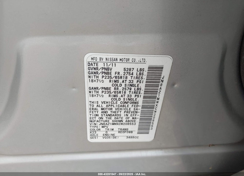 2012 NISSAN MURANO VIN: JN8AZ1MWXCW208553