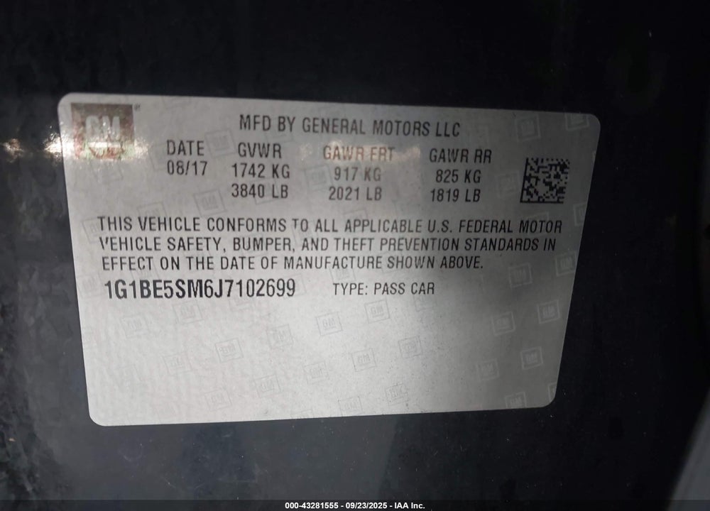 2018 CHEVROLET CRUZE VIN: 1G1BE5SM6J7102699