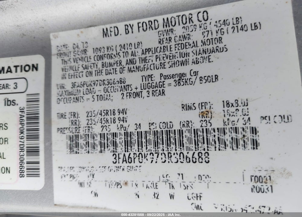 2013 FORD FUSION TITANIUM VIN: 3FA6P0K97DR306688