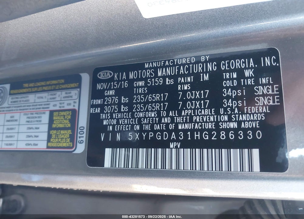 2017 KIA SORENTO VIN: 5XYPGDA31HG286330