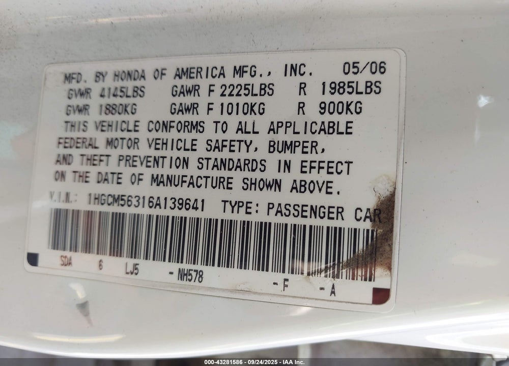 2006 HONDA ACCORD 2.4 SE VIN: 1HGCM56316A139641