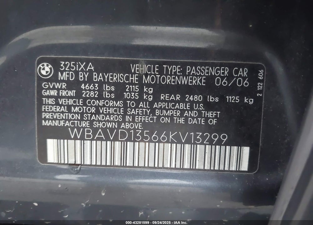 2006 BMW 3 SERIES VIN: WBAVD13566KV13299