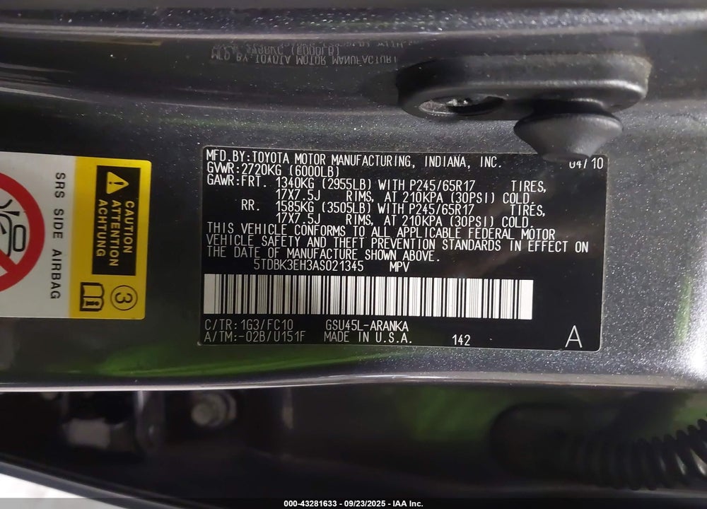 2010 TOYOTA HIGHLANDER VIN: 5TDBK3EH3AS021345