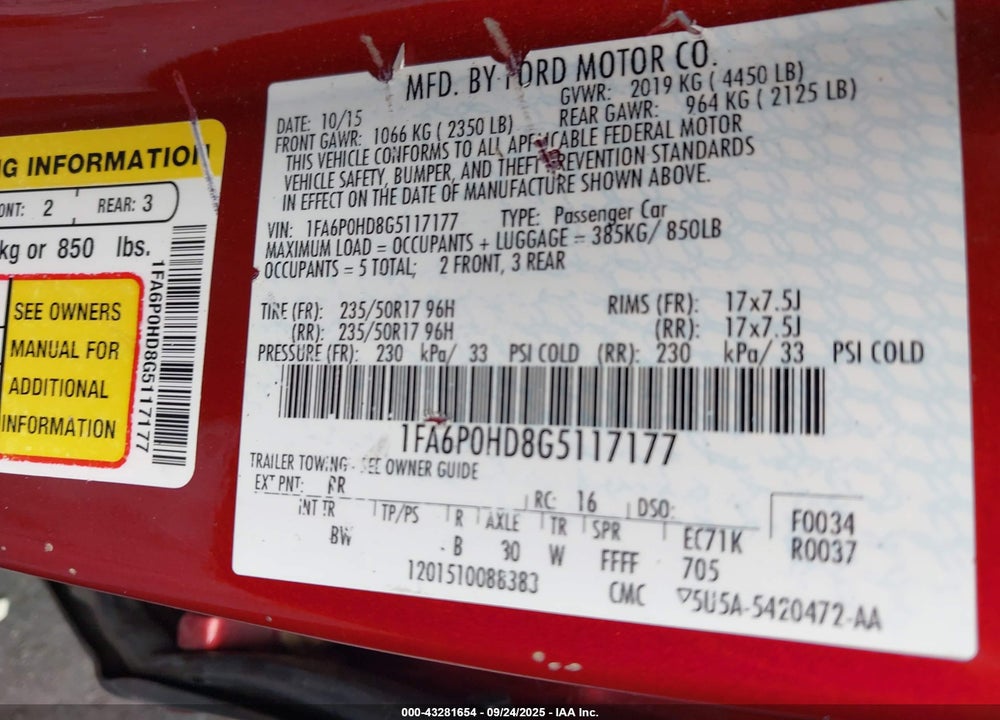 2016 FORD FUSION VIN: 1FA6P0HD8G5117177