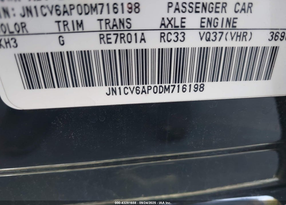 2013 INFINITI G37 VIN: JN1CV6AP0DM716198
