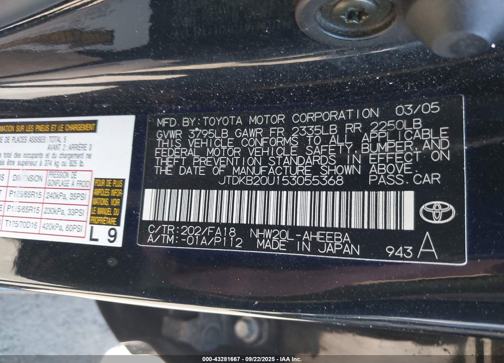 2005 TOYOTA PRIUS VIN: JTDKB20U153055368