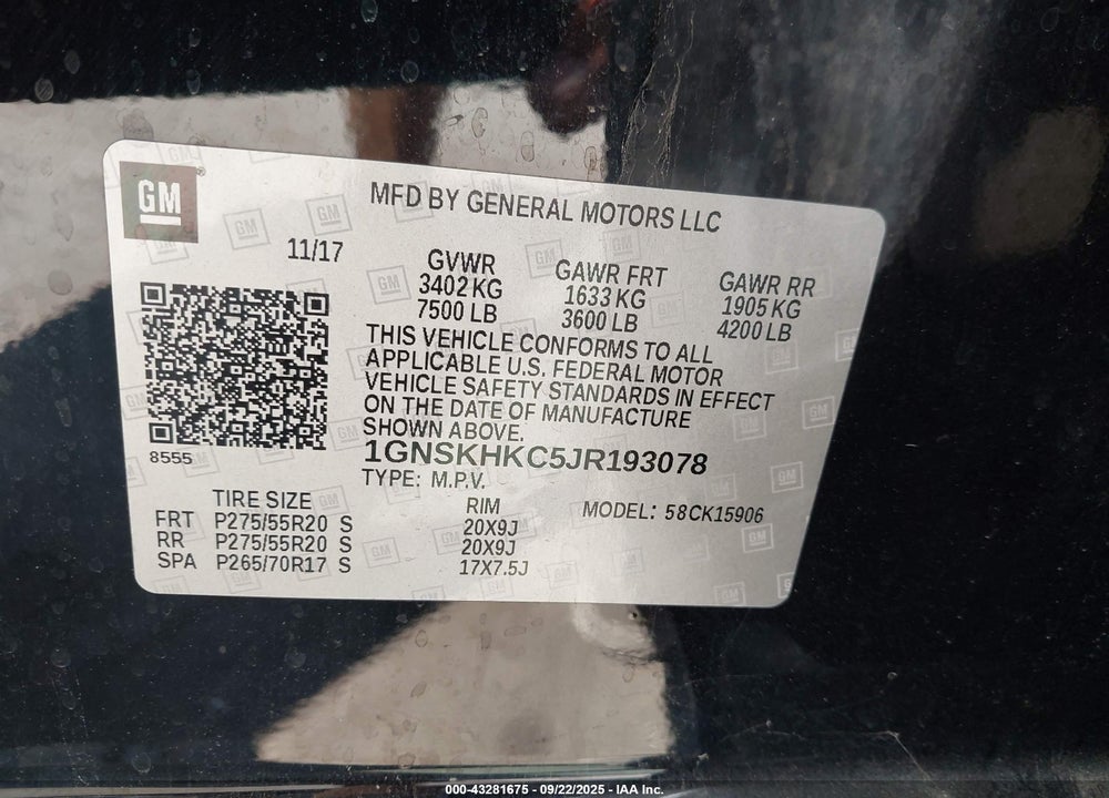 2018 CHEVROLET SUBURBAN LT VIN: 1GNSKHKC5JR193078