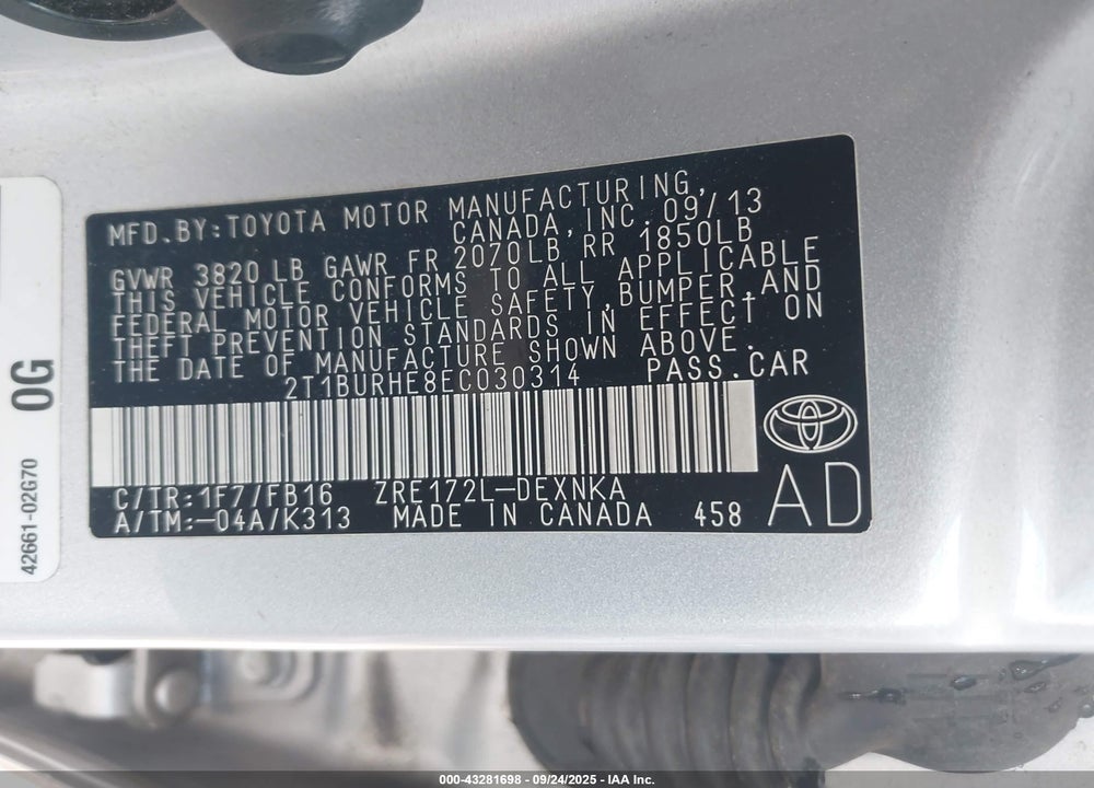 2014 TOYOTA COROLLA LE VIN: 2T1BURHE8EC030314