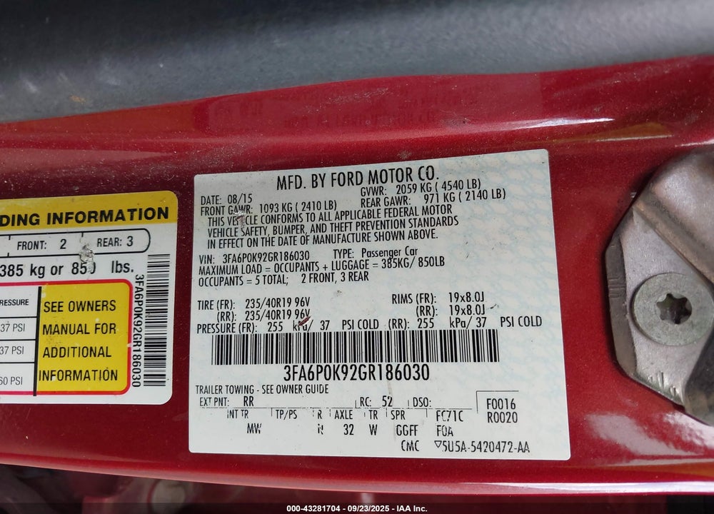 2016 FORD FUSION TITANIUM VIN: 3FA6P0K92GR186030