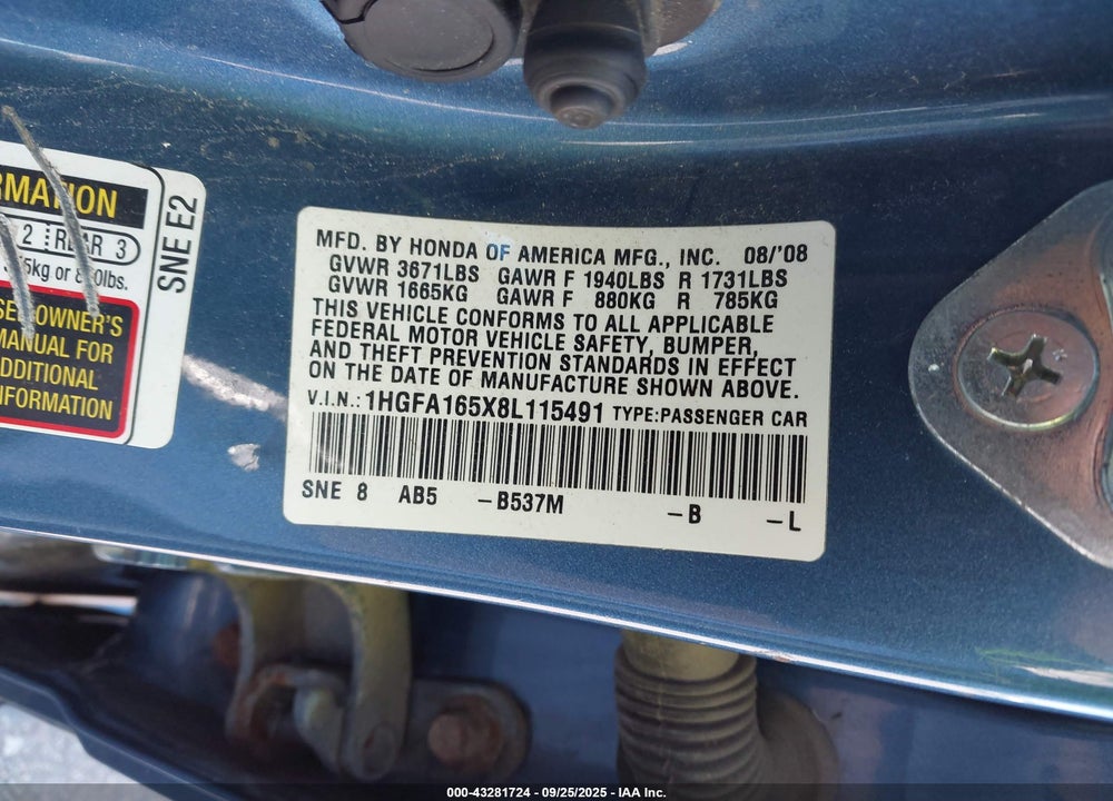2008 HONDA CIVIC LX VIN: 1HGFA165X8L115491