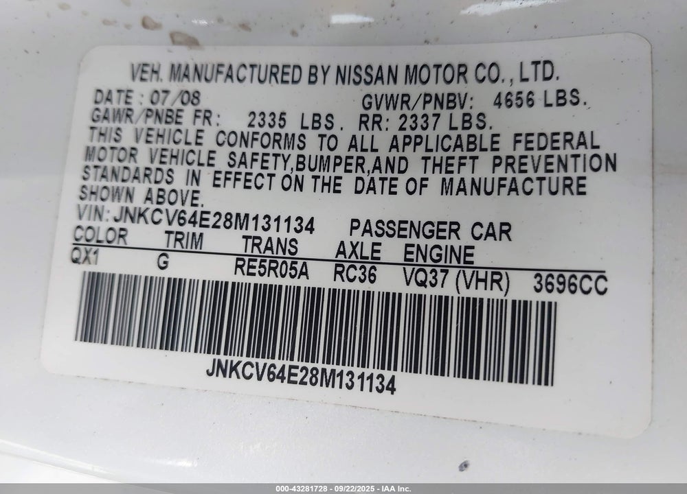 2008 INFINITI G37 JOURNEY VIN: JNKCV64E28M131134