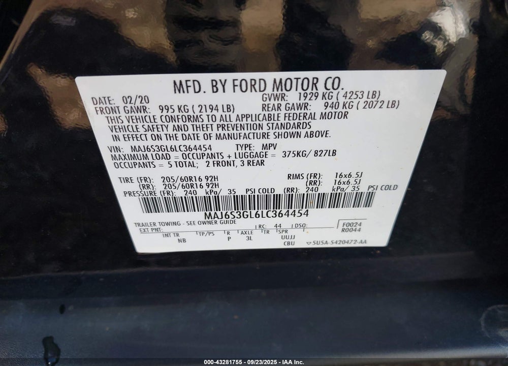 2020 FORD ECOSPORT VIN: MAJ6S3GL6LC364454