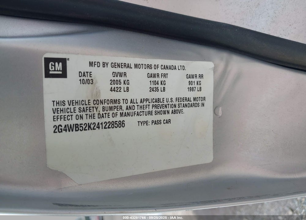 2004 BUICK REGAL LS VIN: 2G4WB52K241228586