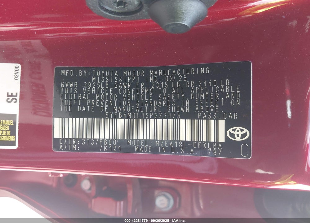 2025 TOYOTA COROLLA VIN: 5YFB4MDE1SP273175