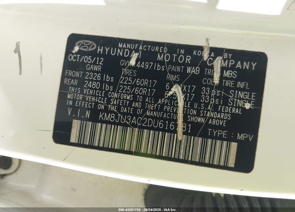 2013 HYUNDAI TUCSON GLS VIN: KM8JU3AC2DU616781