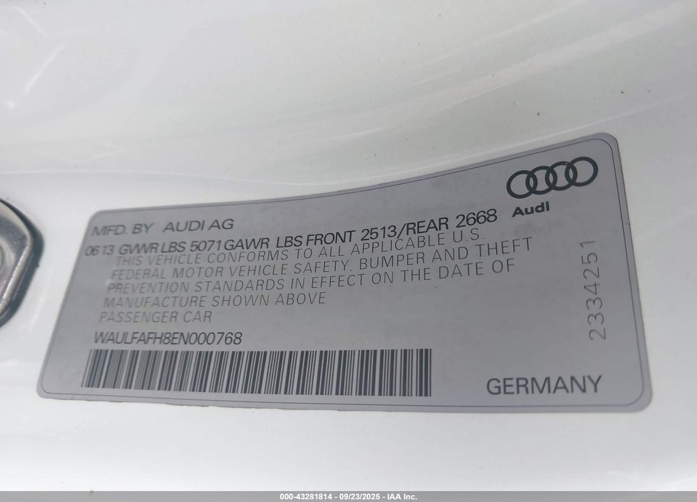 2014 AUDI A5 2.0T PREMIUM VIN: WAULFAFH8EN000768