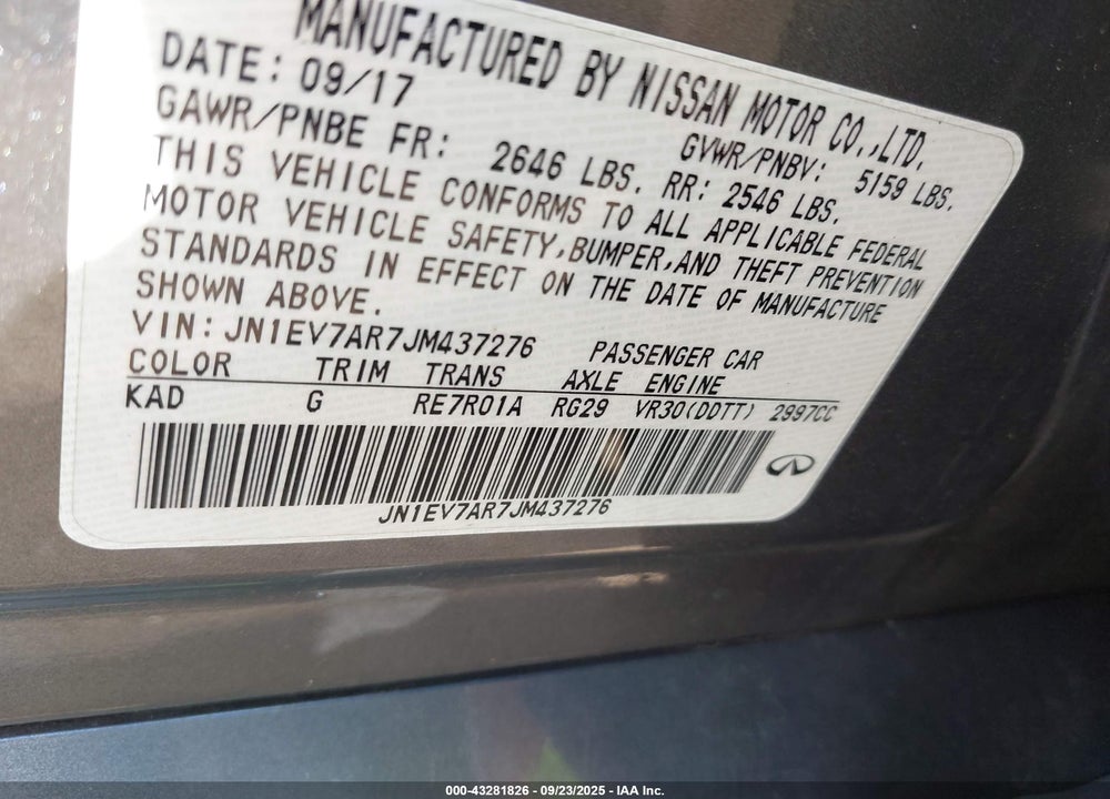 2018 INFINITI Q50 VIN: JN1EV7AR7JM437276