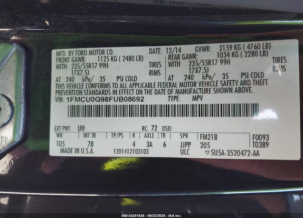 2015 FORD ESCAPE VIN: 1FMCU0G98FUB08692
