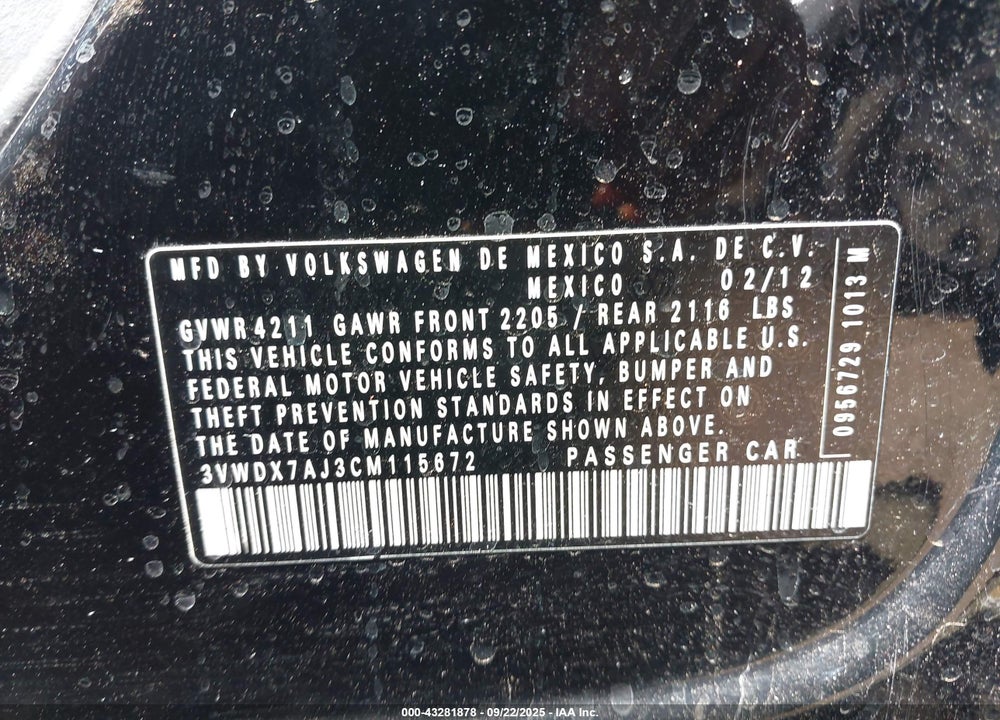 2012 VOLKSWAGEN JETTA VIN: 3VWDX7AJ3CM115672