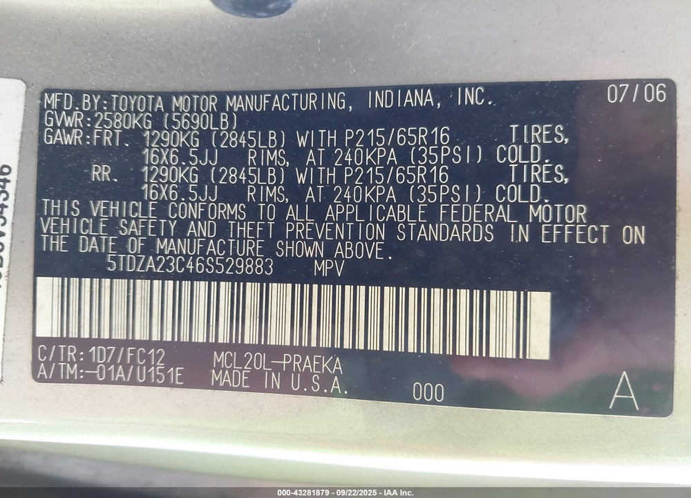 2006 TOYOTA SIENNA LE VIN: 5TDZA23C46S529883