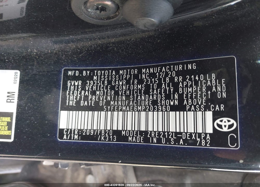 2021 TOYOTA COROLLA VIN: 5YFEPMAE6MP203960