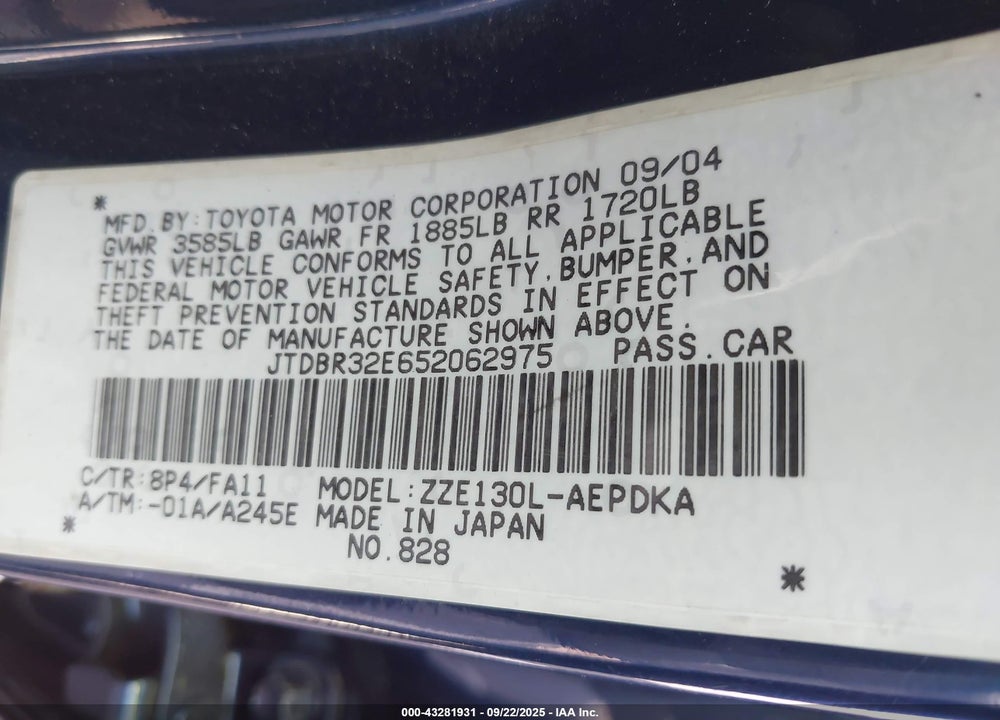 2005 TOYOTA COROLLA CE VIN: JTDBR32E652062975
