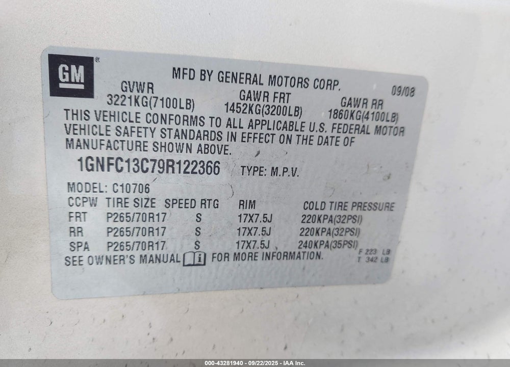 2009 CHEVROLET TAHOE VIN: 1GNFC13C79R122366