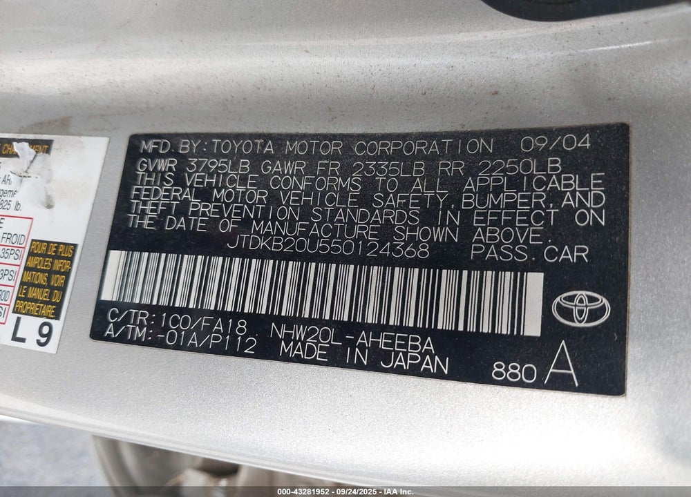 2005 TOYOTA PRIUS VIN: JTDKB20U550124368