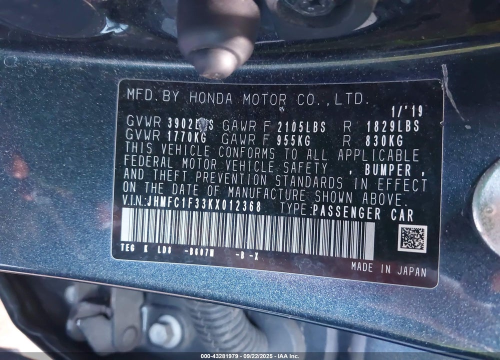 2019 HONDA CIVIC VIN: JHMFC1F33KX012368