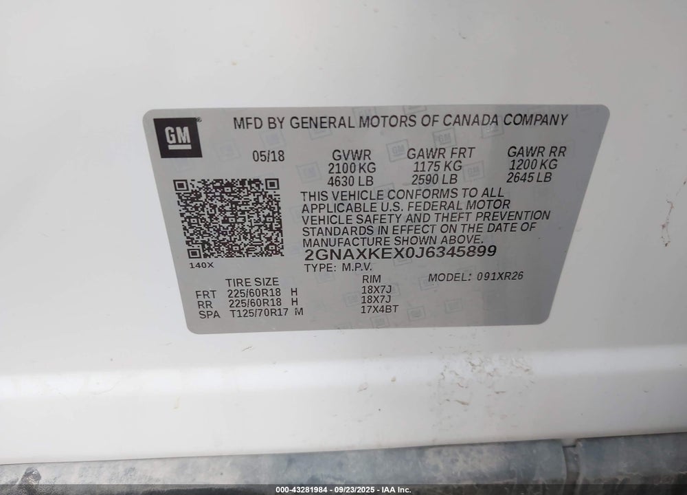 2018 CHEVROLET EQUINOX LT VIN: 2GNAXKEX0J6345899