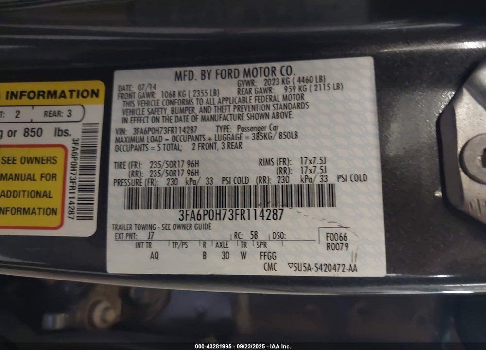 2015 FORD FUSION VIN: 3FA6P0H73FR114287