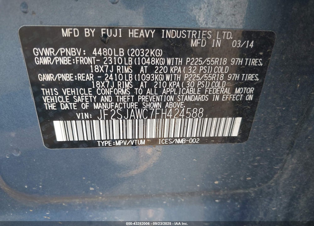 2015 SUBARU FORESTER VIN: JF2SJAWC7FH424588