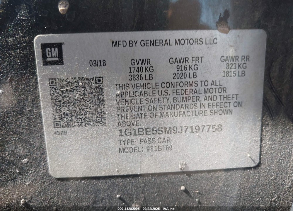 2018 CHEVROLET CRUZE VIN: 1G1BE5SM9J7197758