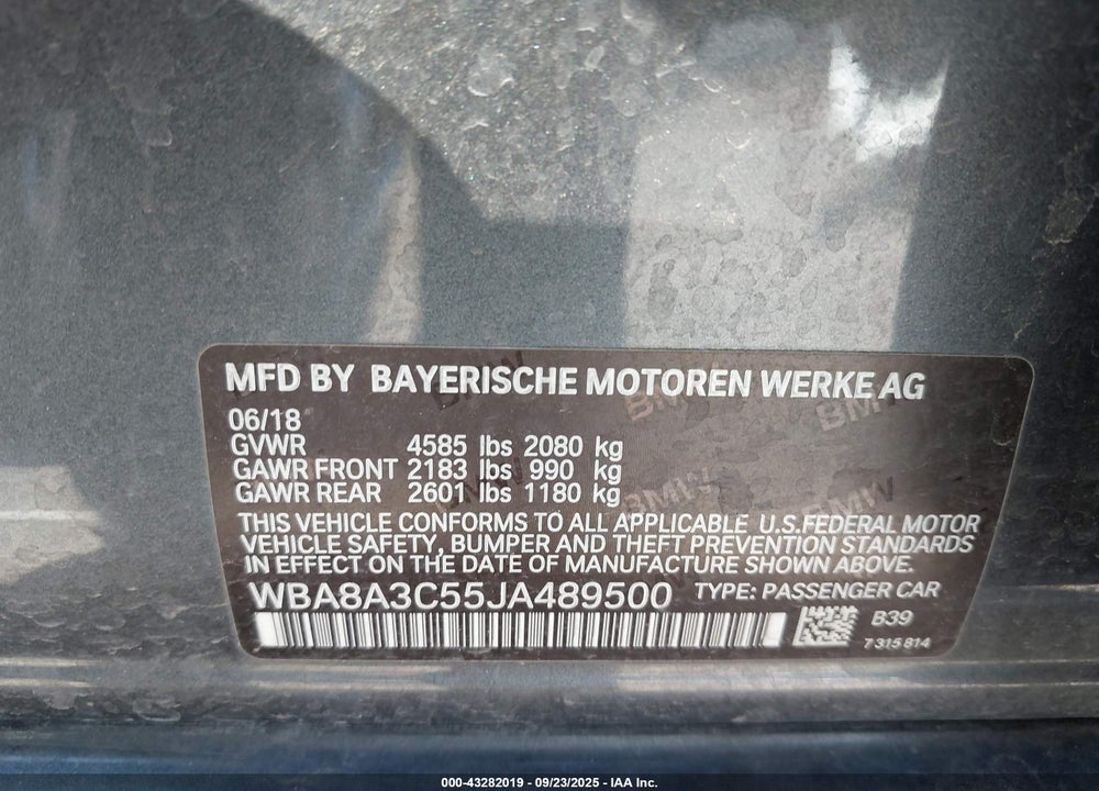 2018 BMW 3 SERIES VIN: WBA8A3C55JA489500