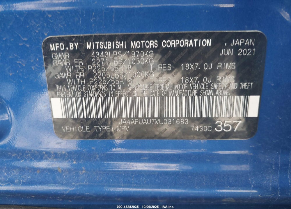 2021 MITSUBISHI OUTLANDER SPORT VIN: JA4APUAU7MU031683