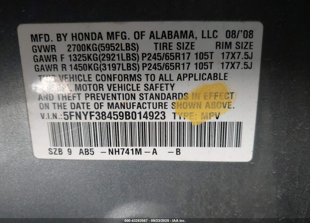 2009 HONDA PILOT EX VIN: 5FNYF38459B014923