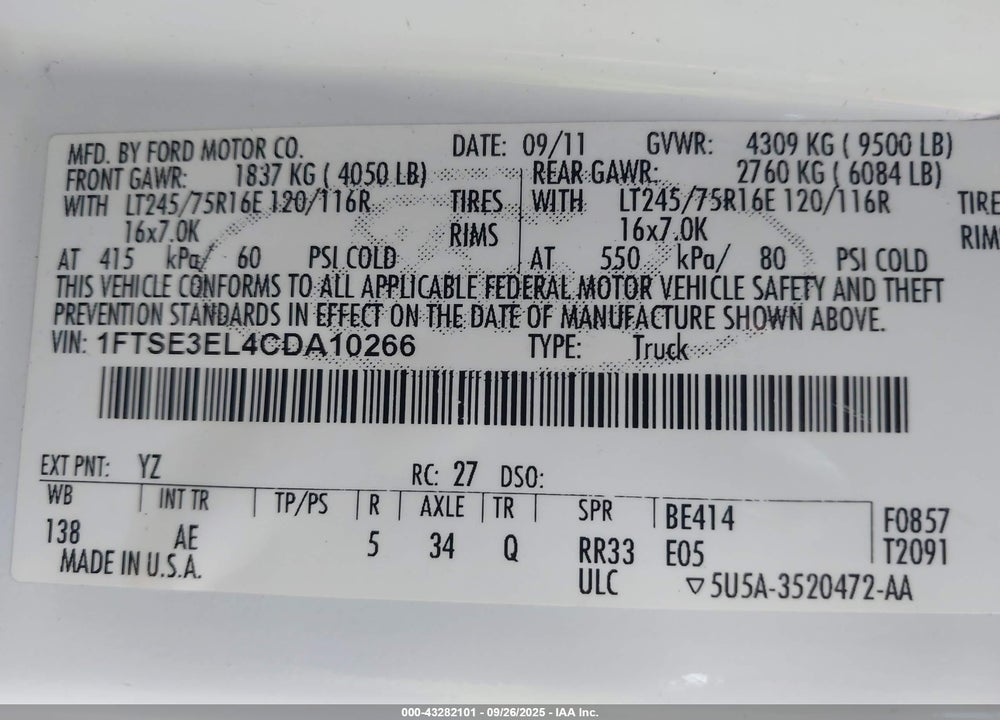 2012 FORD E 350 VIN: 1FTSE3EL4CDA10266