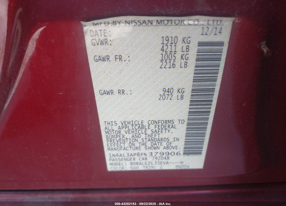 2015 NISSAN ALTIMA VIN: 1N4AL3AP8FN379906