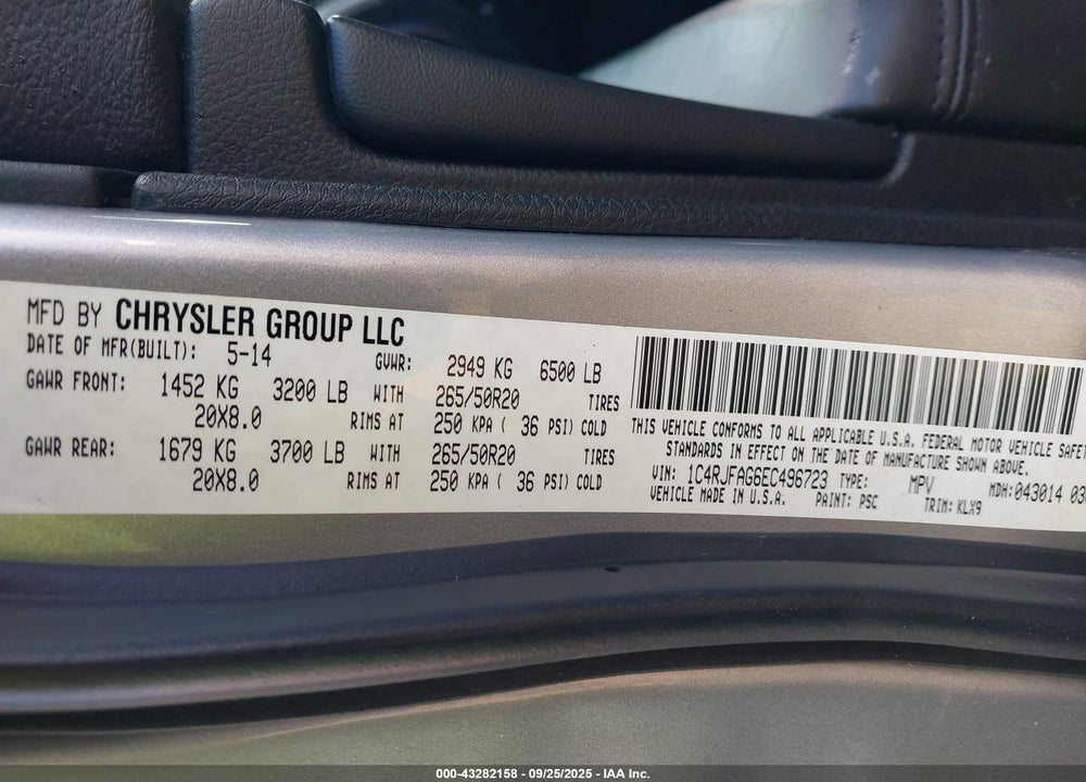 2014 JEEP GRAND CHEROKEE VIN: 1C4RJFAG6EC496723