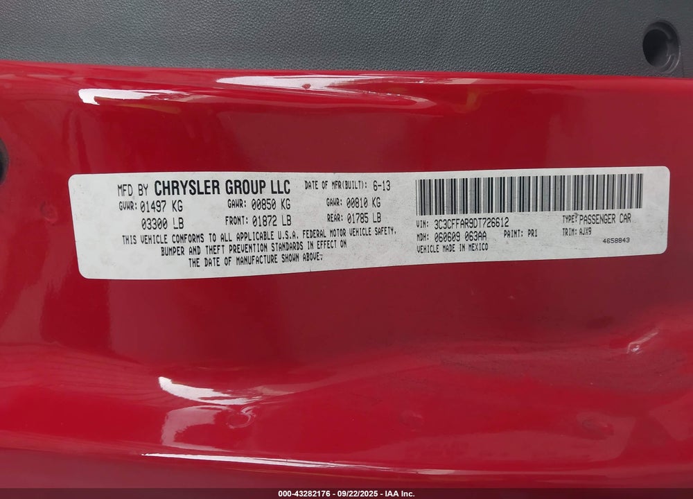 2013 FIAT 500 VIN: 3C3CFFAR9DT726612