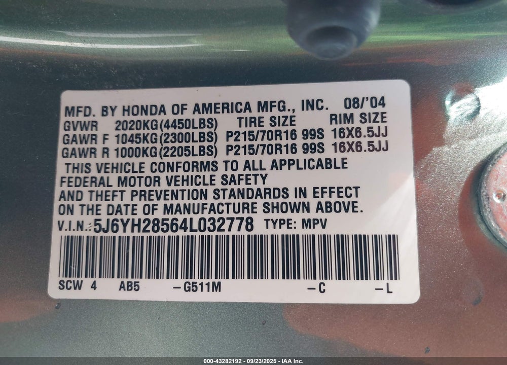 2004 HONDA ELEMENT EX VIN: 5J6YH28564L032778