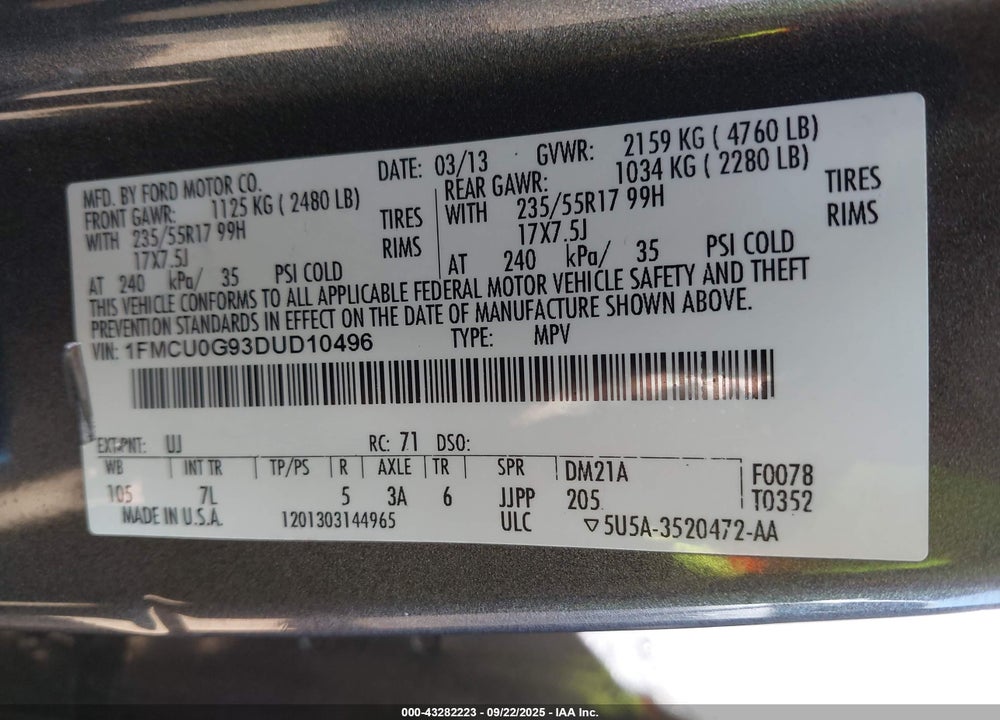 2013 FORD ESCAPE VIN: 1FMCU0G93DUD10496
