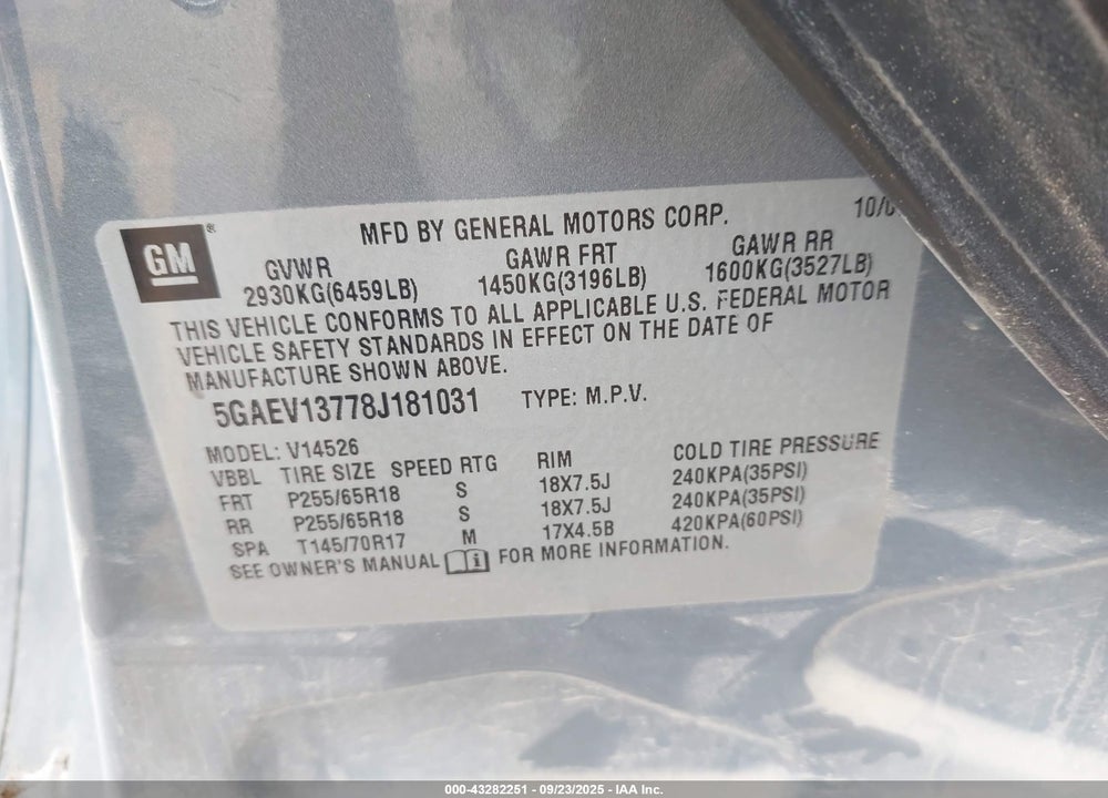 2008 BUICK ENCLAVE VIN: 5GAEV13778J181031