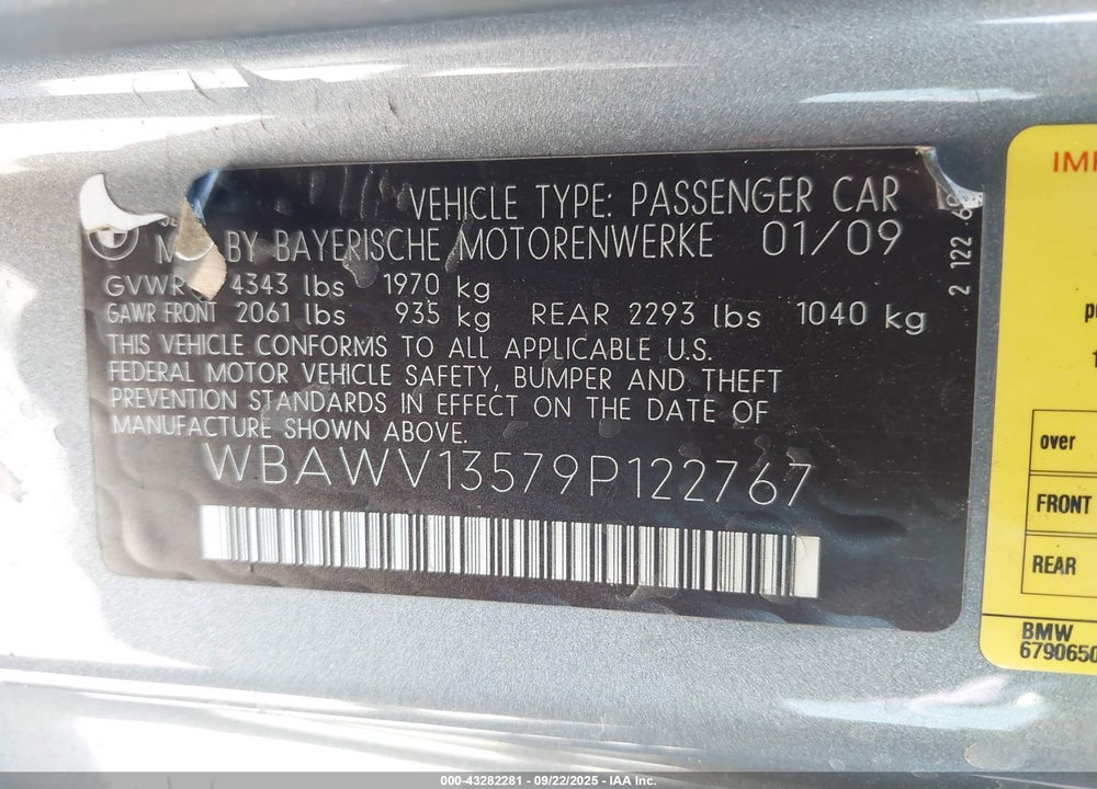 2009 BMW 3 SERIES VIN: WBAWV13579P122767