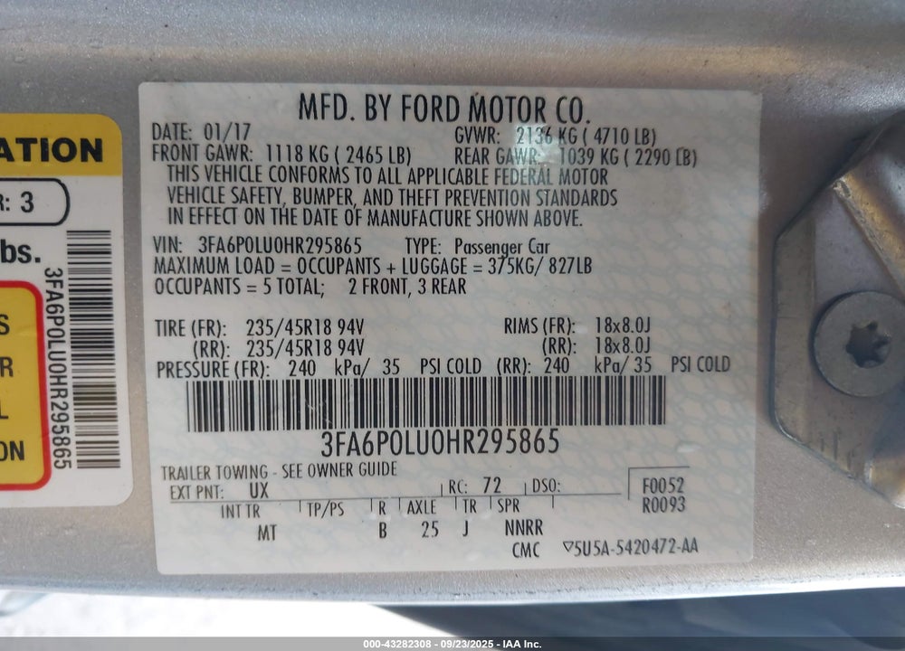 2017 FORD FUSION VIN: 3FA6P0LU0HR295865