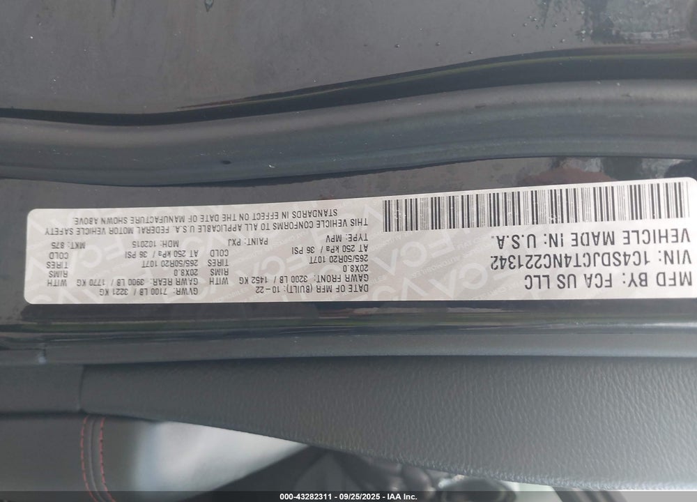 2022 DODGE DURANGO VIN: 1C4SDJCT4NC221342