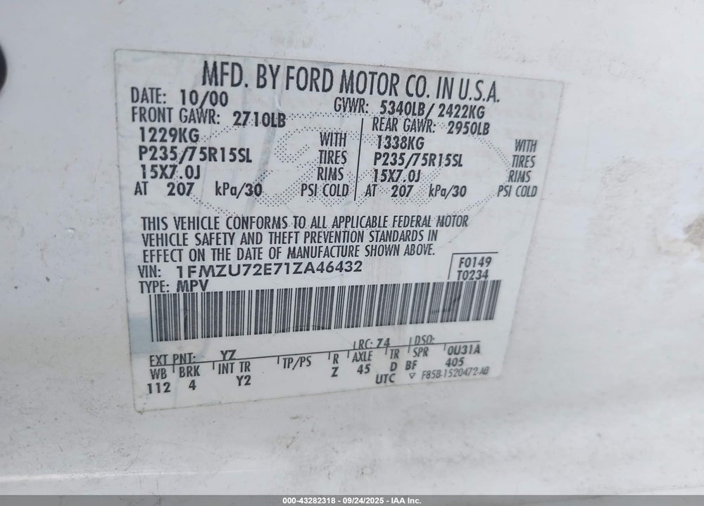 2001 FORD EXPLORER XLS VIN: 1FMZU72E71ZA46432