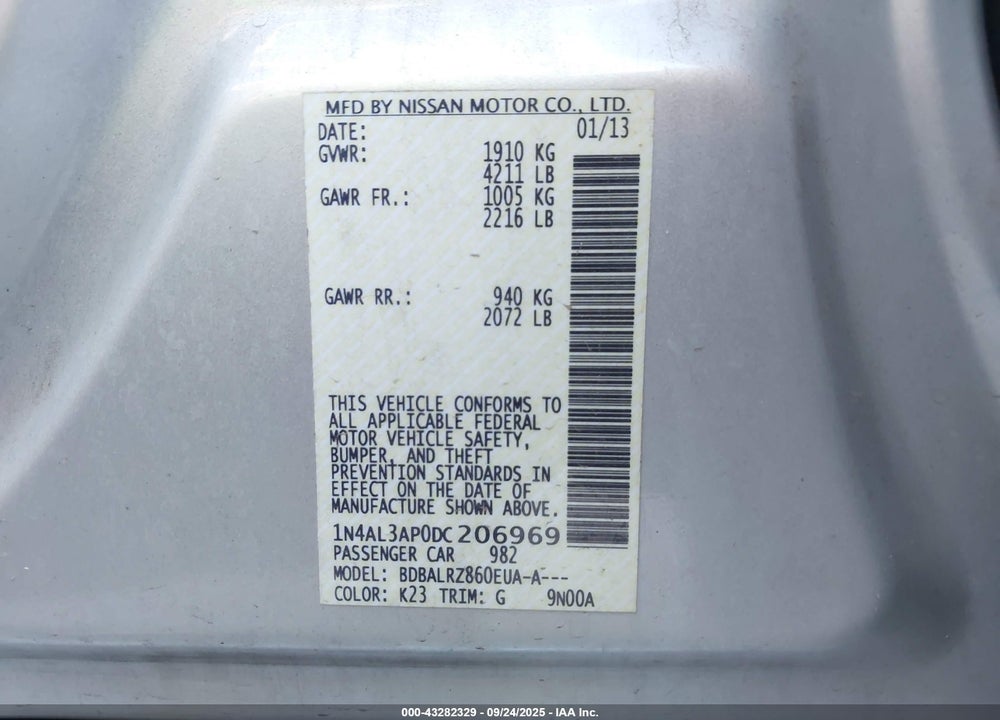 2013 NISSAN ALTIMA VIN: 1N4AL3AP0DC206969