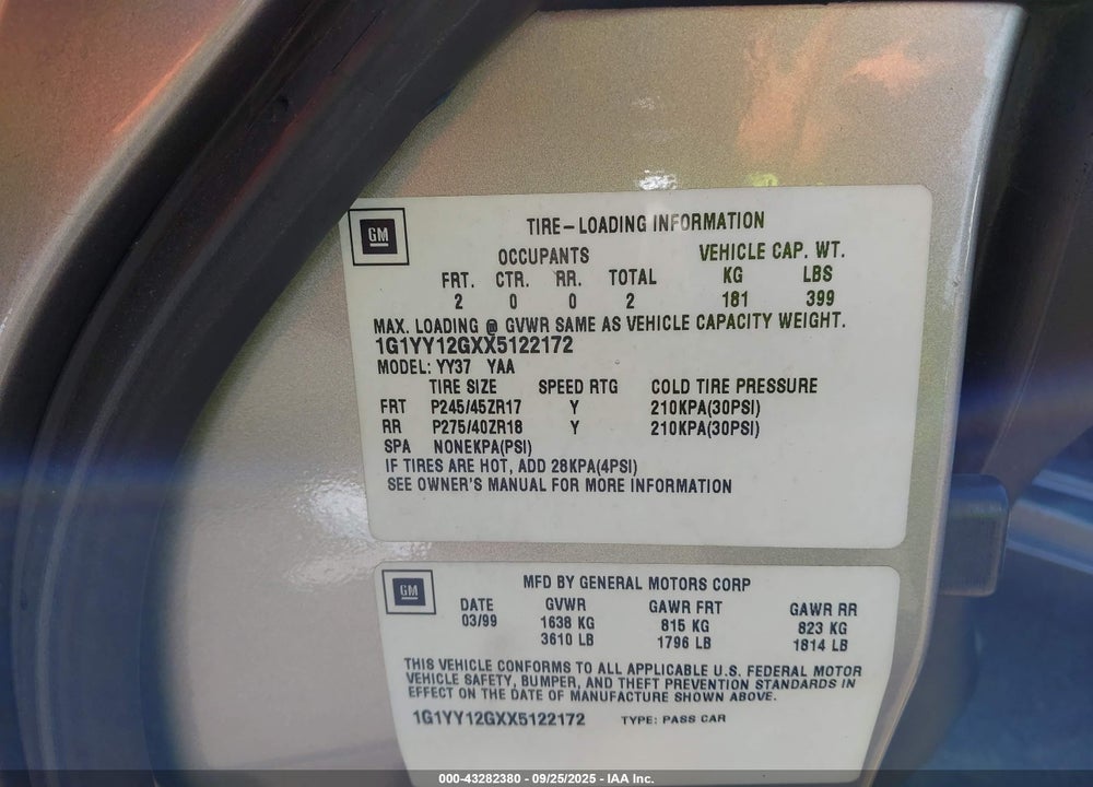1999 CHEVROLET CORVETTE HARDTOP VIN: 1G1YY12GXX5122172
